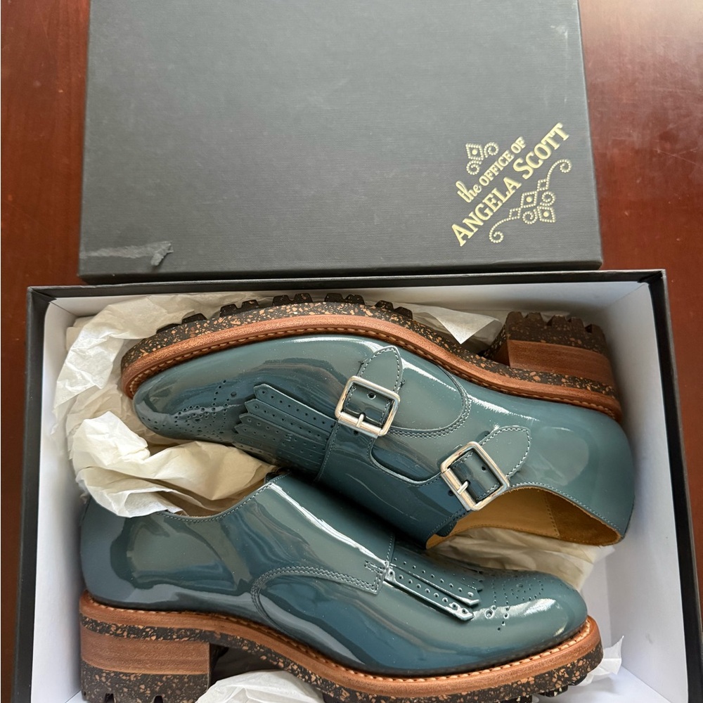 Angela Scott Teal Patent Kiltie Double-Buckle Loafers